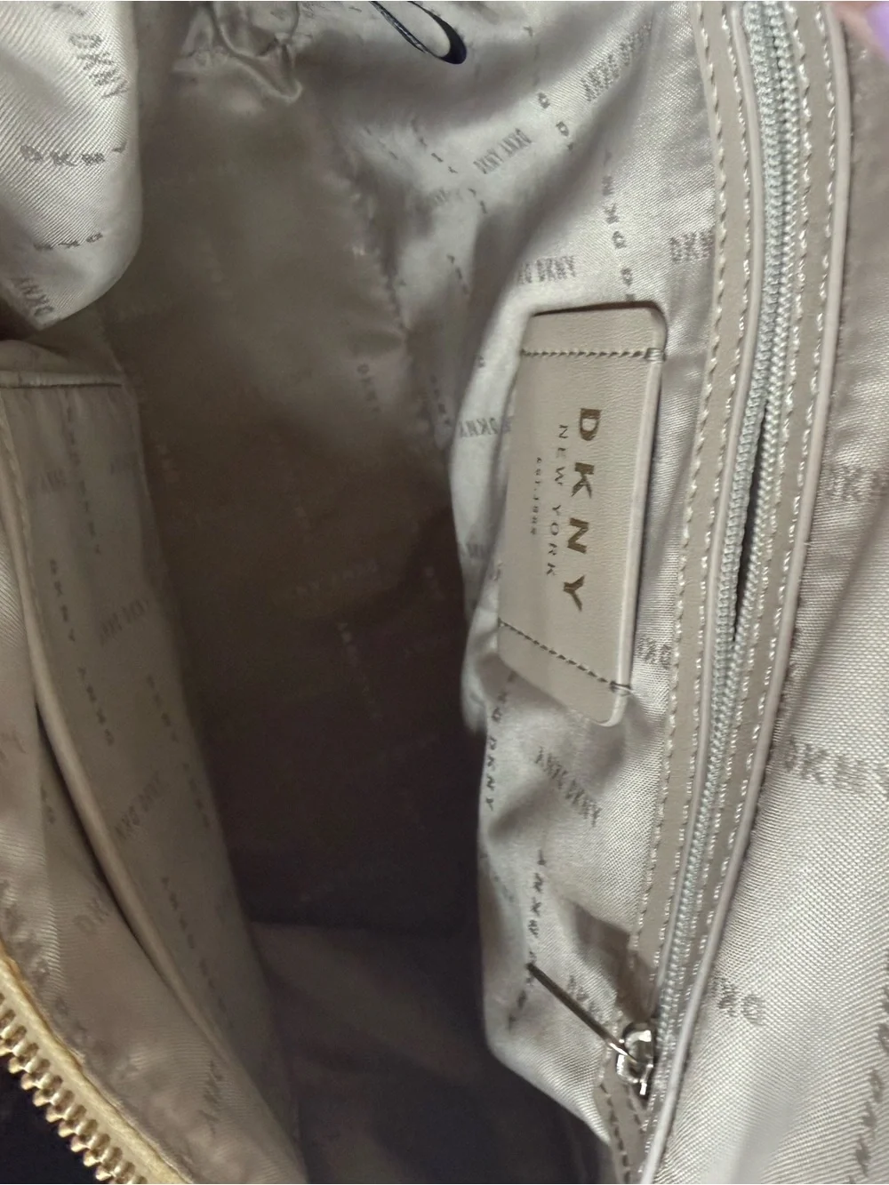 DKNY Cream Canvas Graffiti Print Backpack with Tan Straps